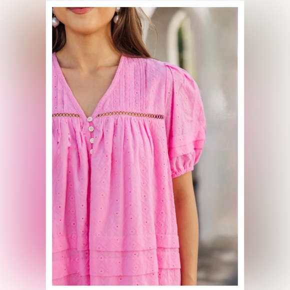 Pink Eyelet Short Dress | XL | Bubble Sleeves | Pleated | NWT - Picture 5 of 11